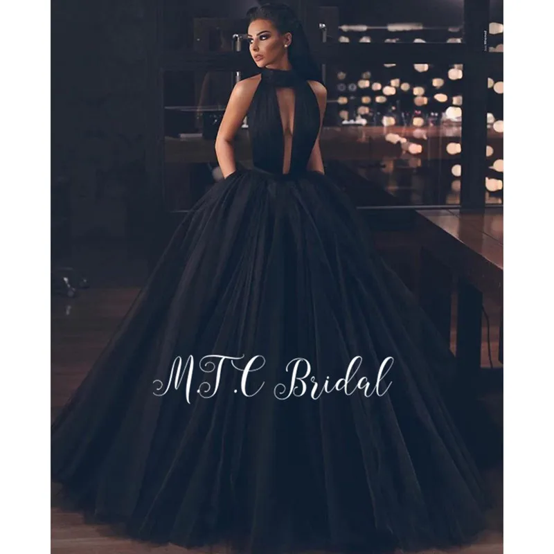 

Sexy Backless Black Tulle Evening Dress High Slit A Line Floor Length With Pockets 2019 Newest Prom Gowns Vestido De Festa Cheap