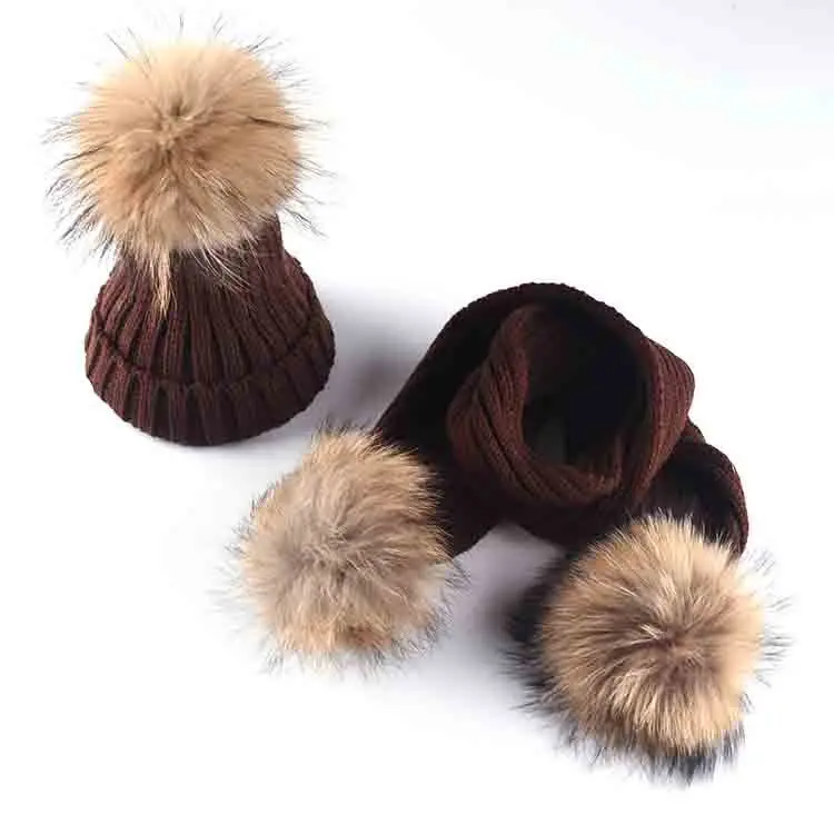 Зимняя детская теплая Толстая шляпа шарф-перчатка, комплект из 2 предметов, вязанный Натуральная шерсть, шапка с помпоном, комплекты детские вязаные шапки шарфы-кольца для мальчиков и девочек - Цвет: coffee