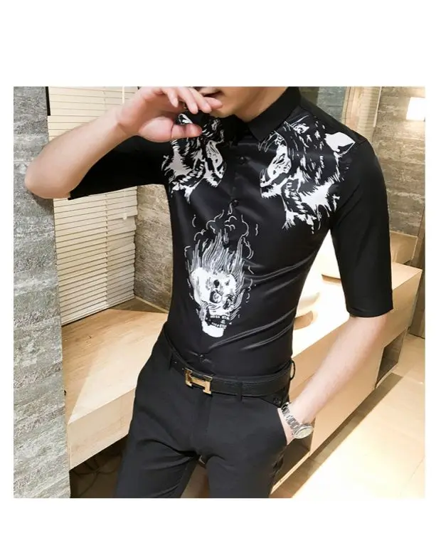 Новый летний ветер двойной Тигр для ночного клуба футболка с рисунком рукава мужской личности семь 1636P55 белая рубашка с длинными рукавами