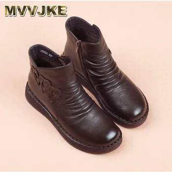 

MVVJKE new retro handmade genuine leather ankle boots plus velvet cotton shoes Flat Casual Shoes