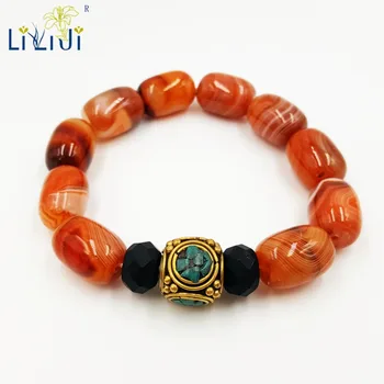 

LiiJi Unique Natural Stone White line Agates Black Onyx Tibet Turquoises Charm Fashion Men Bracelet Approx 21cm/8.25inches