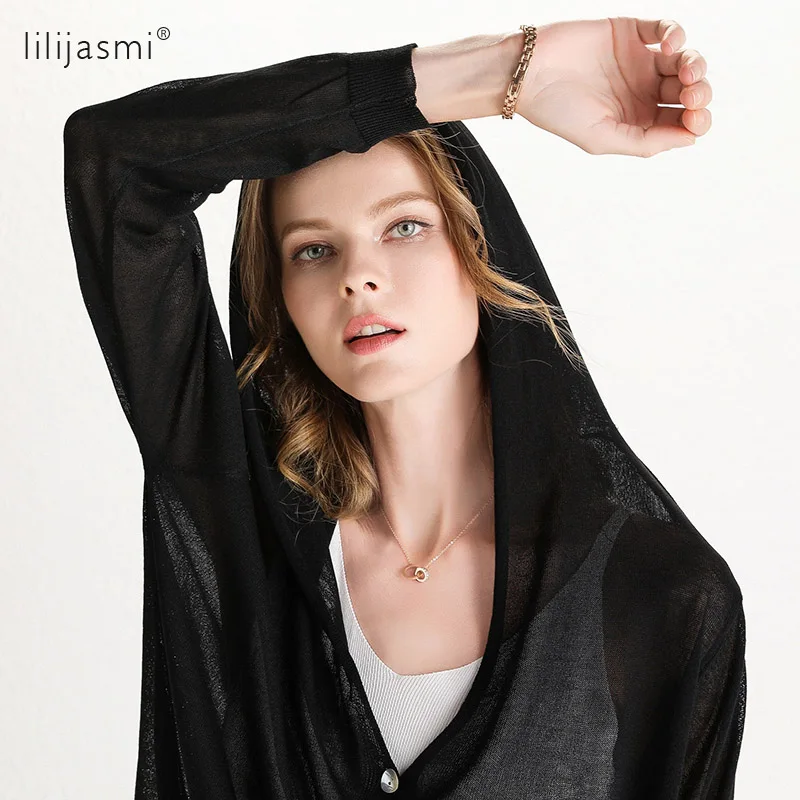

2019 Summer Thin New Women Knit Button Drawstring Hoodie Sweatshirt Hooded Collar Light Knit Pullover Knitwear Spring