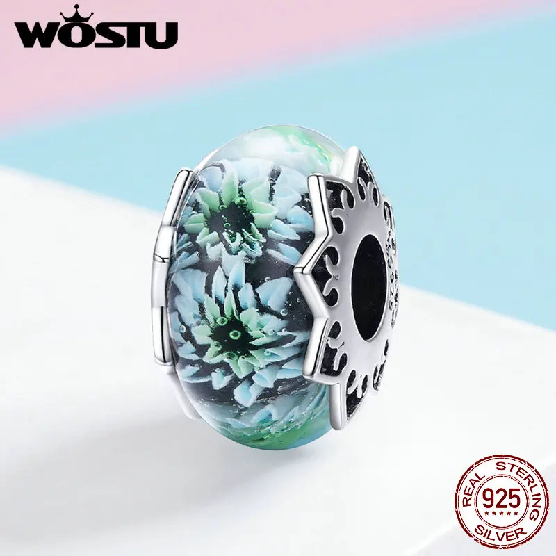 

WOSTU 100% 925 Sterling Silver Cyan chrysanthemum Murano Beads Fit Charm Bracelet & Necklace Pendant Unique Jewelry Gift FIC1011