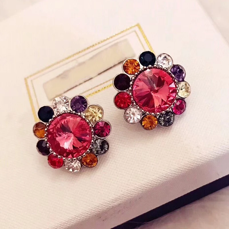 

Hot Brand Gold Color Fashion Jewelry For Women Colorful Crystal Flower Earrings Clip Earrings Sunflower Earring Party Earrings