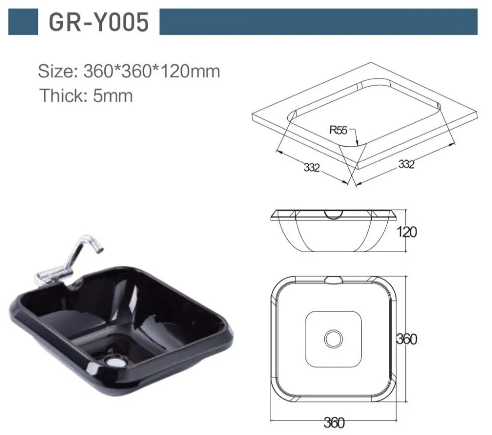 Морская Лодка Караван RV Camper квадратная черная акриловая раковина 360*360*120 мм GR-Y005
