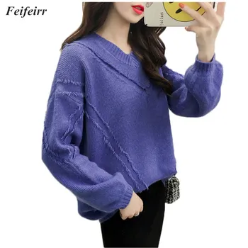 

Autumn Winter Female New 2018 Korean Loose V-neck Long-sleeved Casual solid color tassel pullover Sweater