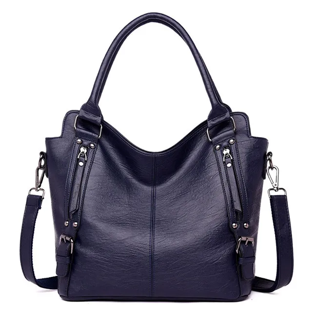 Брендовые элегантные женские сумочки большой вместимости, высококачественные кожаные сумки через плечо, женские повседневные сумки, одноцветные сумки с ремнем и ручками - Цвет: Blue