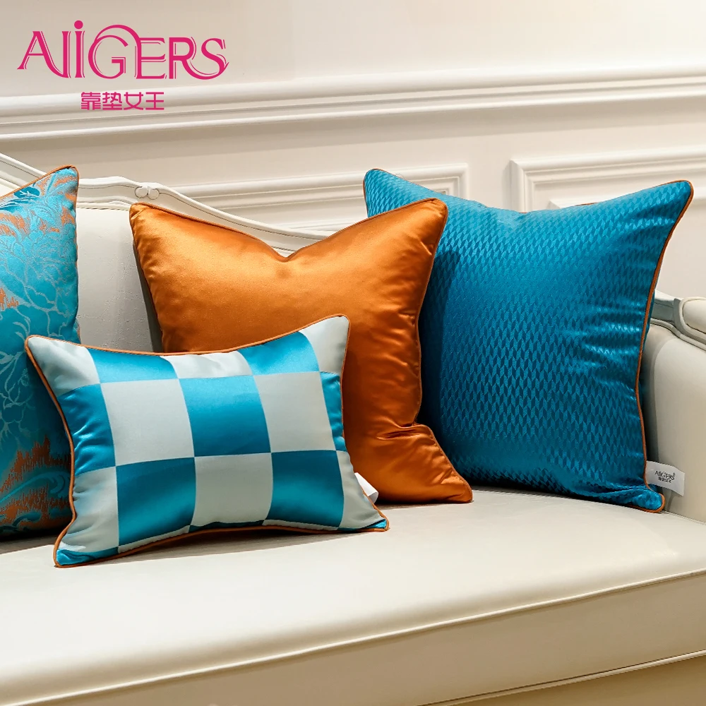 Avigers Orange Blue Plaid Patchwork Cushion Covers Home Decorative Pillow Cases 30 x 50 45 x 45 50 x 50 60 x 60 Pillowcases