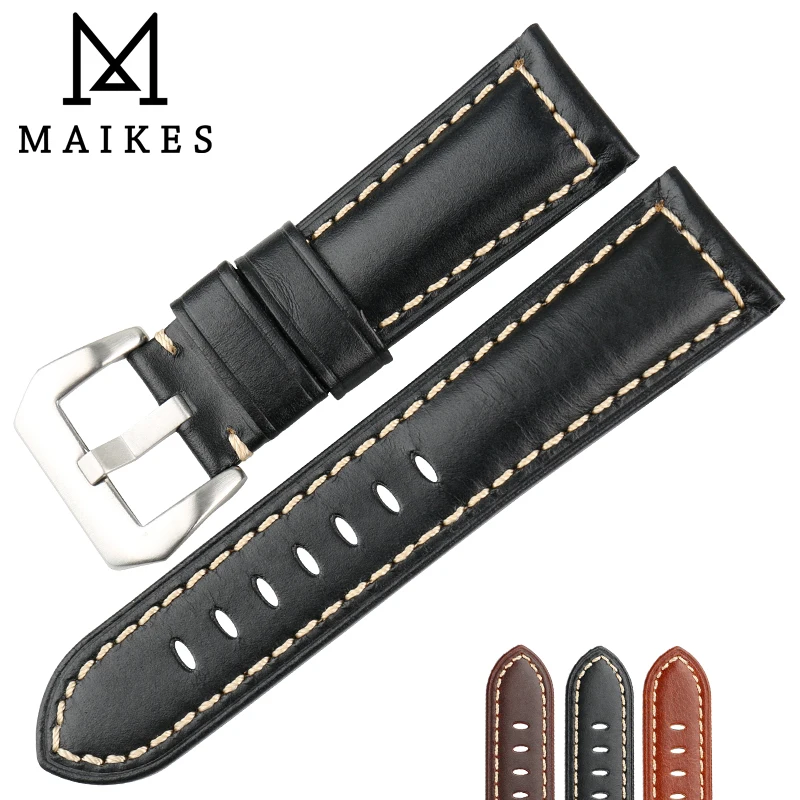 MAIKES Handmade Quality Cow Leather Watch Strap 22mm 24mm 26mm Watchbands Watch Bracelet Balck Watch Accessories For Panerai