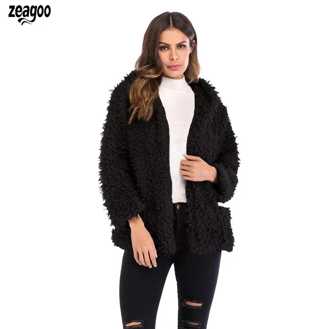

Women Fashion Casual Solid Long Sleeve Hairy Winter Warm Regular Hooded Coat Black, Gray, Light Pink