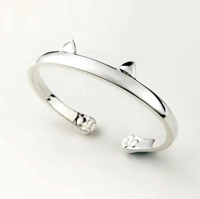 925 Silver Open Lovely Cat Paw Cuff Bangles for Women Wedding Gift