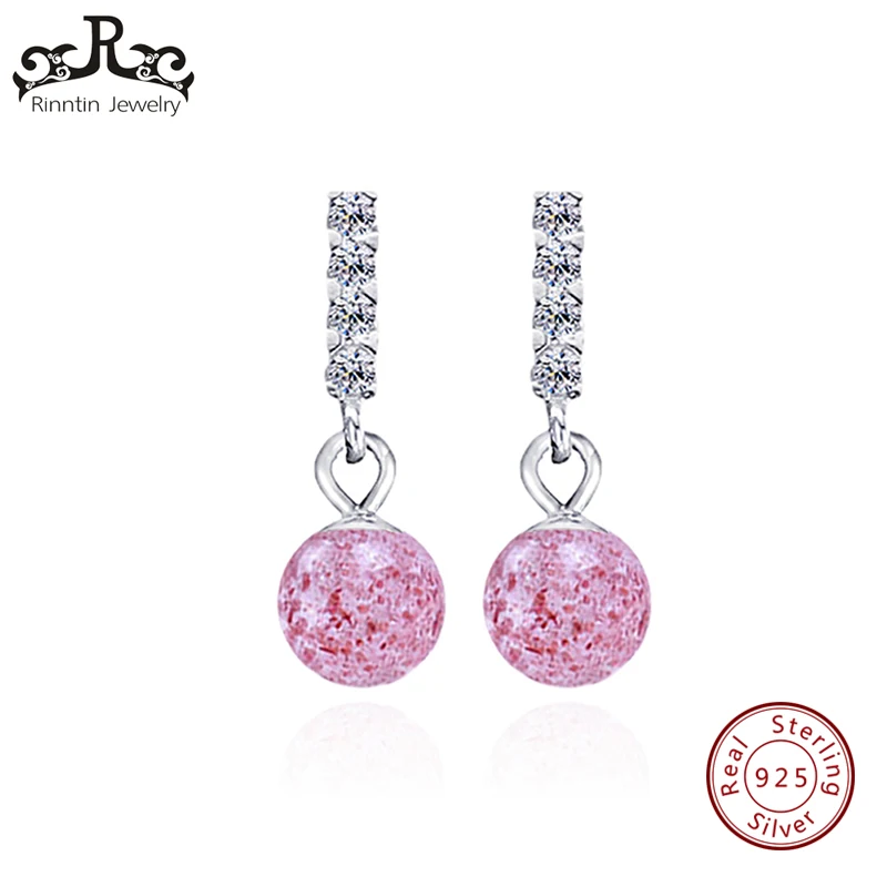 

Rinntin Genuine Sterling Silver Women Drop Earrings AAA Shiny CZ Pink Crystal Round Shape Women Wedding Party Jewelry TPSE112-F