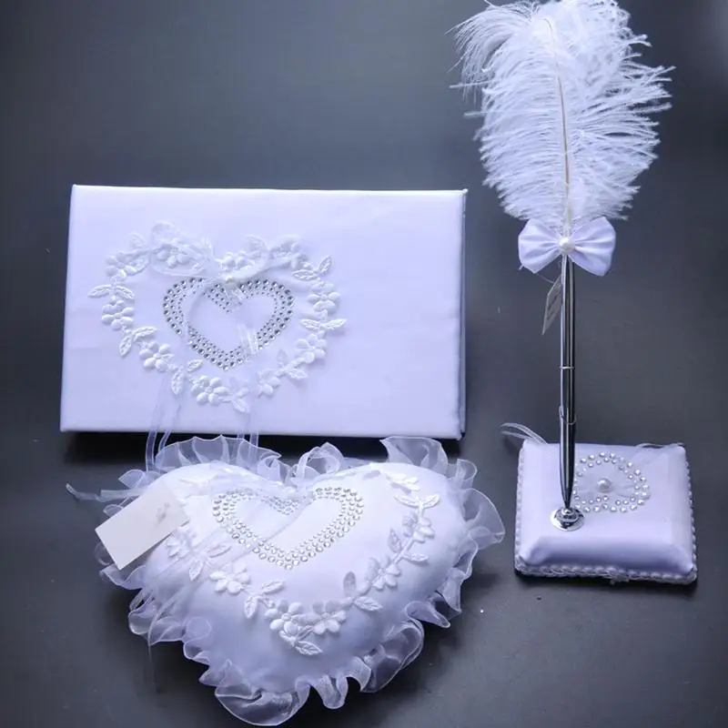 

White Wedding Ring Pillow Vintage Wedding Guest Book and Pen Set Party Wedding Signature Book Hearts
