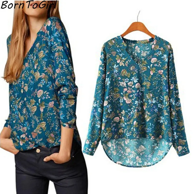 

BornToGirl 2019 Summer Autumn Floral Print Blouse Shirt Women Chiffon Loose Blouse Shirt V-neck Long-sleeved White Blue Shirt