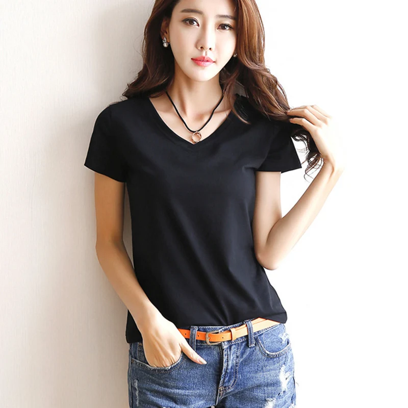 

Summer Women's Short Sleeve T Shirt Basic Tees T-shirt Round Neck Casual Shirts Solid Color Tops Black / White