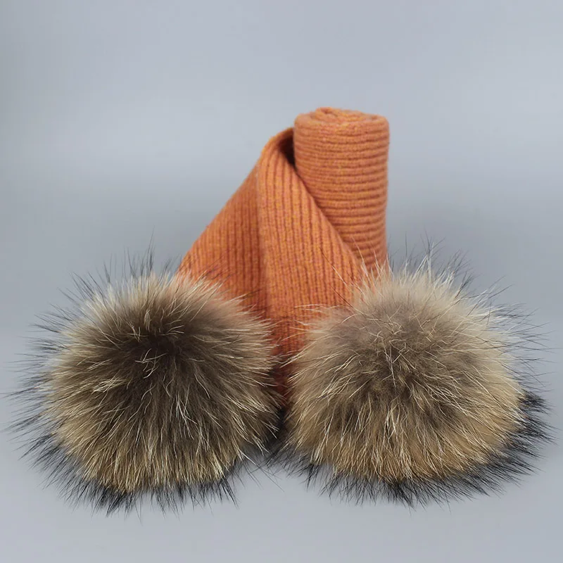 Зимний шарф для детей и взрослых, набор для девочек и мальчиков, детский вязаный женский шарф с натуральным лисьим мехом и помпонами, детская шаль - Цвет: Scarf Orange