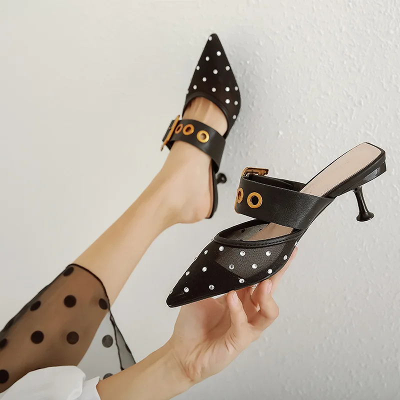 

Women's Slippers 2019 Thin Heels Loafers Woman Shoes Luxury Pointed Toe Heeled Mules Slides New Summer Designer High Sliders