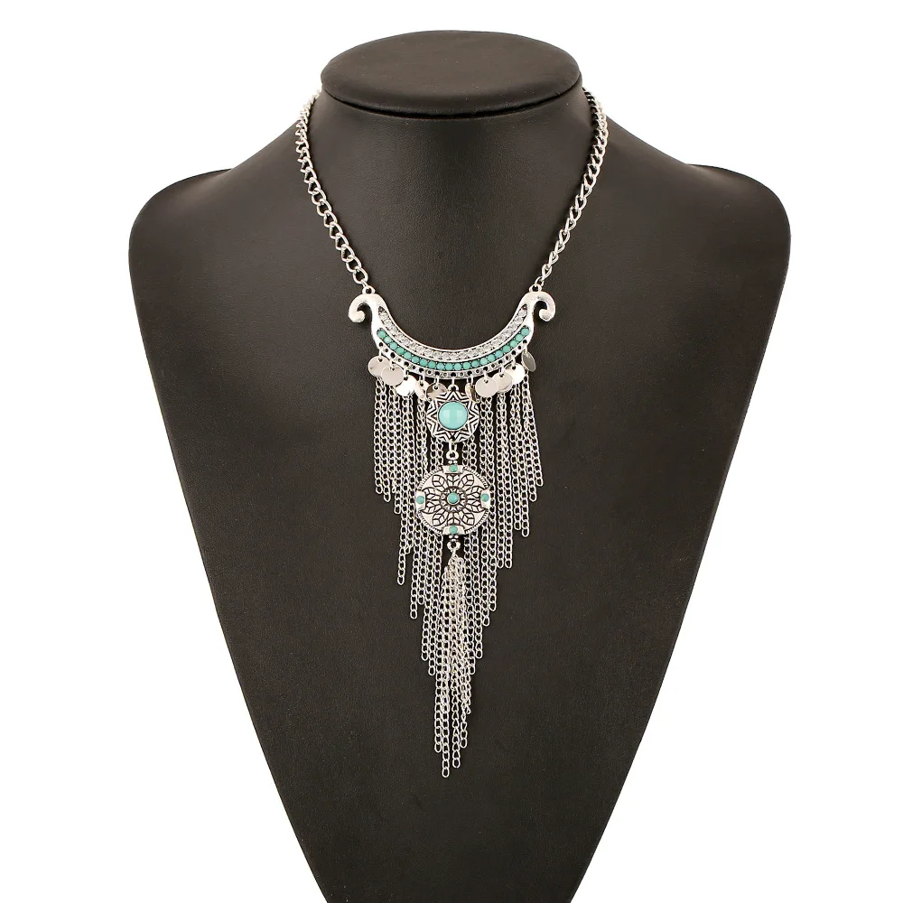 

New Retro Alloy Long Tassels Maxi Colar Necklace Carved Sequins Collier Plastron Gros Femme 2015 Alloy Rhinestone Necklaces