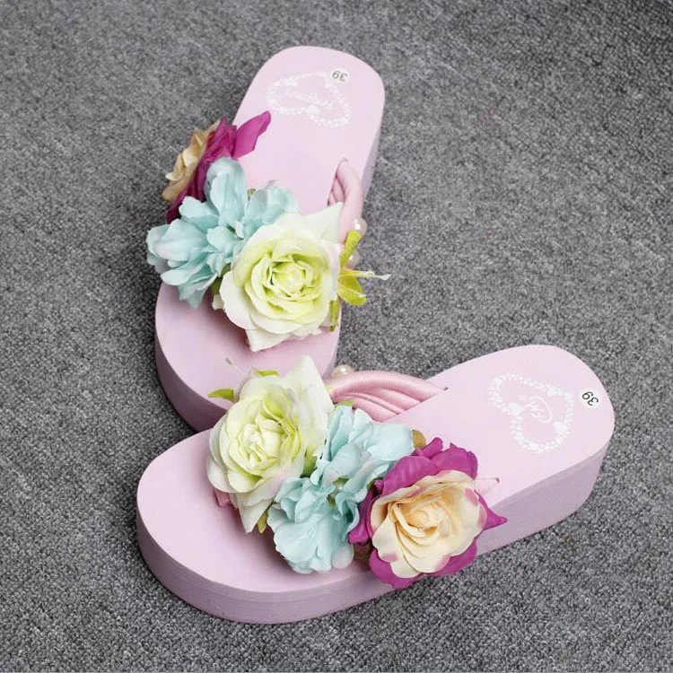 2019 New Flowers Beach Handmade Flip Flops Slippers Online Fashion High Heel Sandals Pink Shoes Womens47