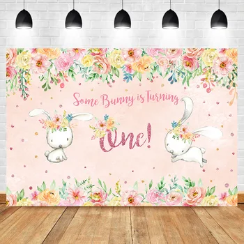 

NeoBack First Birthday Backdrop for Girls Some Bunny Is Turning One Photography Background Pink Flowers Photo Booth Backdrops