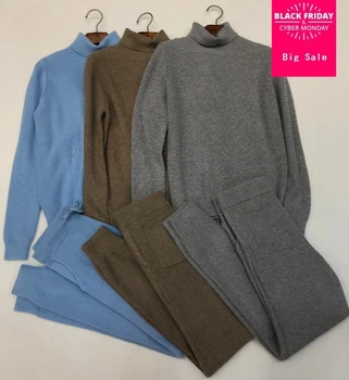 

Winter Woolen + Cashmere Knitted warm high collar Velvet Sweater + Mink Cashmere Trousers Leisure Two-piece elastic suits wq102