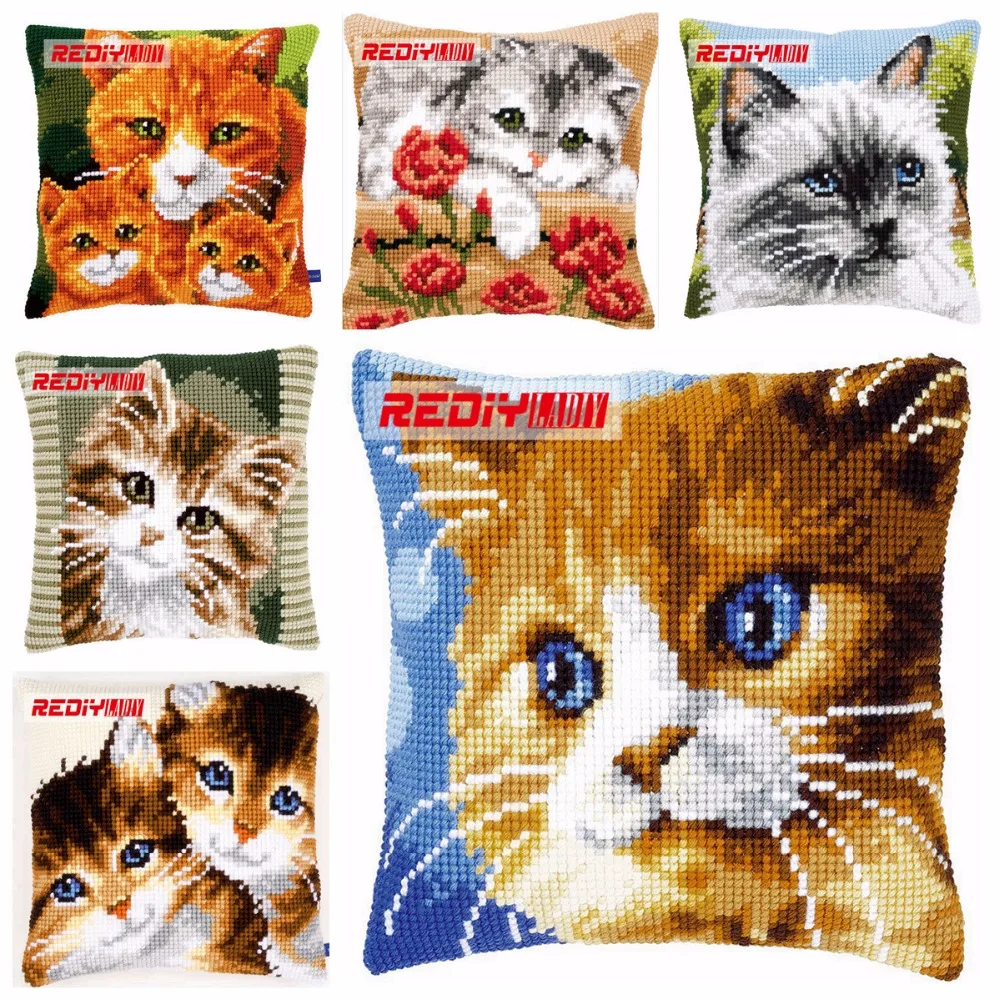 Online REDIY GATITOS de Cruz Funda de almohada Funda de cojín para Sofá Chunky Punto de Cruz Kits Cat Throw Pillow Cojines de Los Asientos Decoración para el hogar