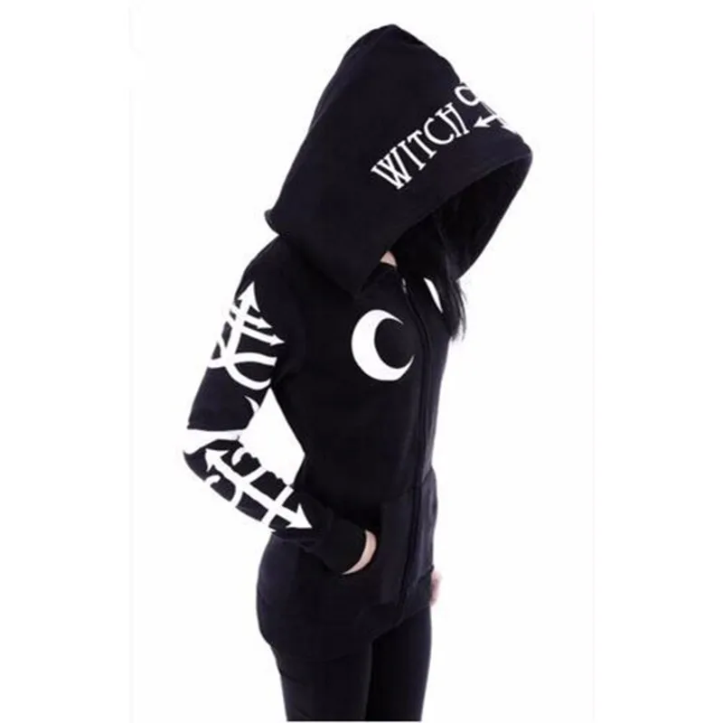 Women Hoodies Gothic Punk Moon Letter Print Sweatshirts  Autumn Winter Long Sleeve  Jacket Zipper Coat  Casual  Hoodies Women