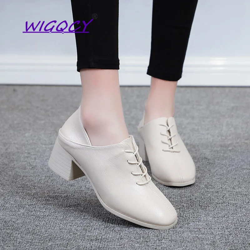 

PU Square Toe Square heel High heels off White pumps women shoes 2019 Spring Autumn shoes women Fashion Lace-Up shoes female