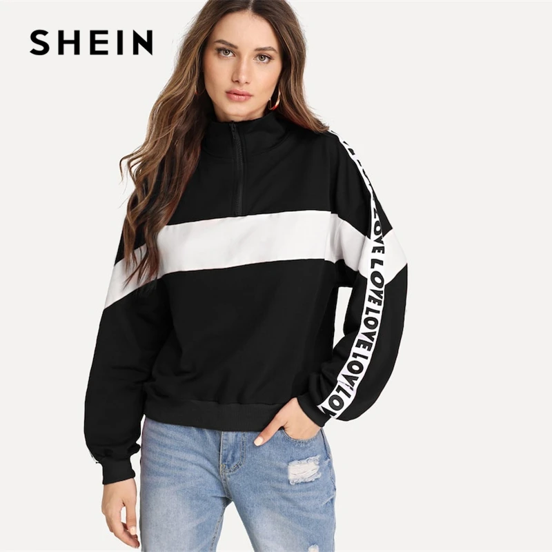 Download SHEIN Black and White Zip Half Placket Letter Tape Side ...