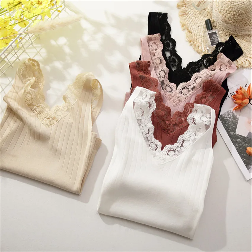 

New Spring Big Size Women Ice Silk Knitted Vest Solid Lace Tank Summer Outfits Lady Elastic Tanks Girl Slim Tops Bottomings 732