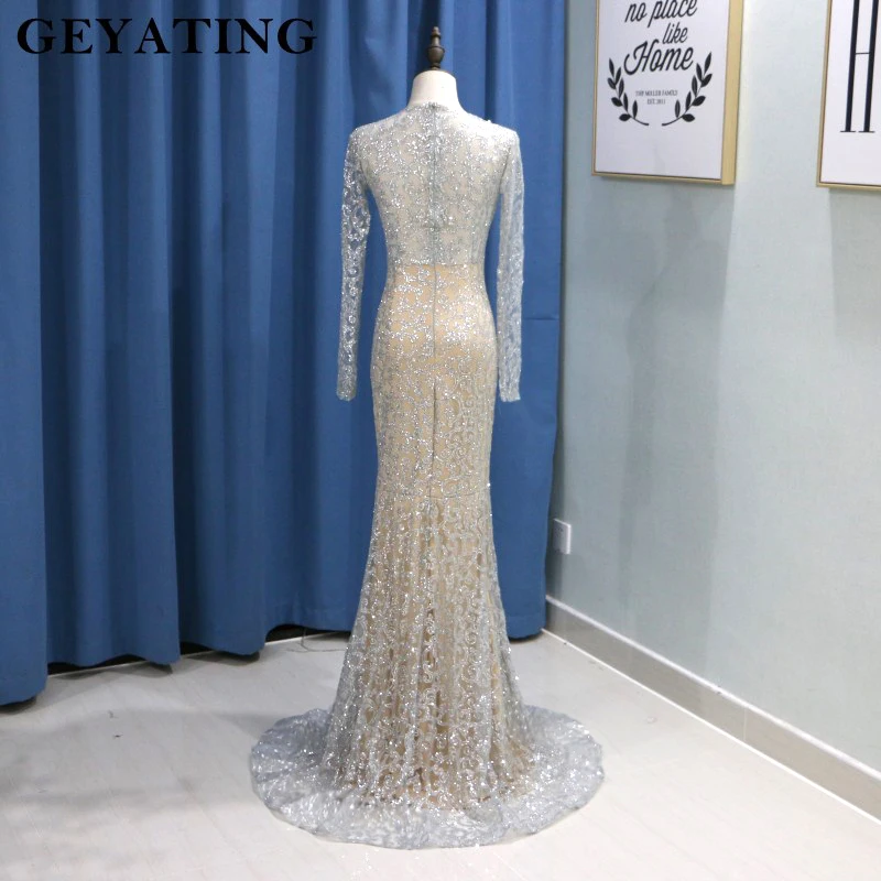 Shiny Silver Sequins Dubai Mermaid Evening Dress Long Sleeves Arabic Formal Prom Dresses 2019 Gold Bodycon Maxi Dress Party Gown