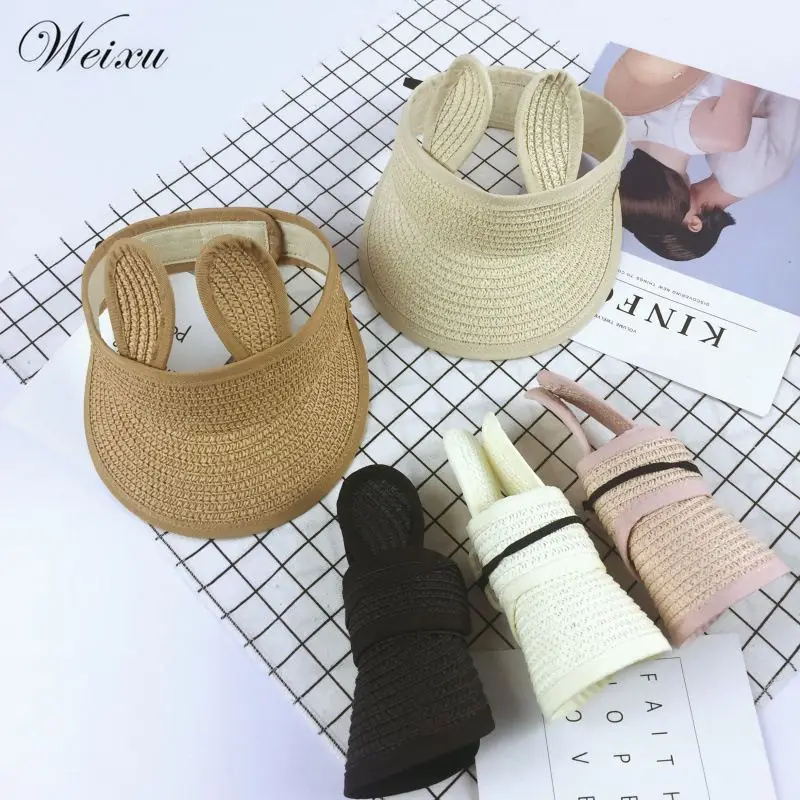 

Children's Beach Hat Girls Cute Rabbit Ears Empty Top Summer Straw Hats Kids Folding Sunshade Cap Baby Sun Hat for 1 To 6 Years