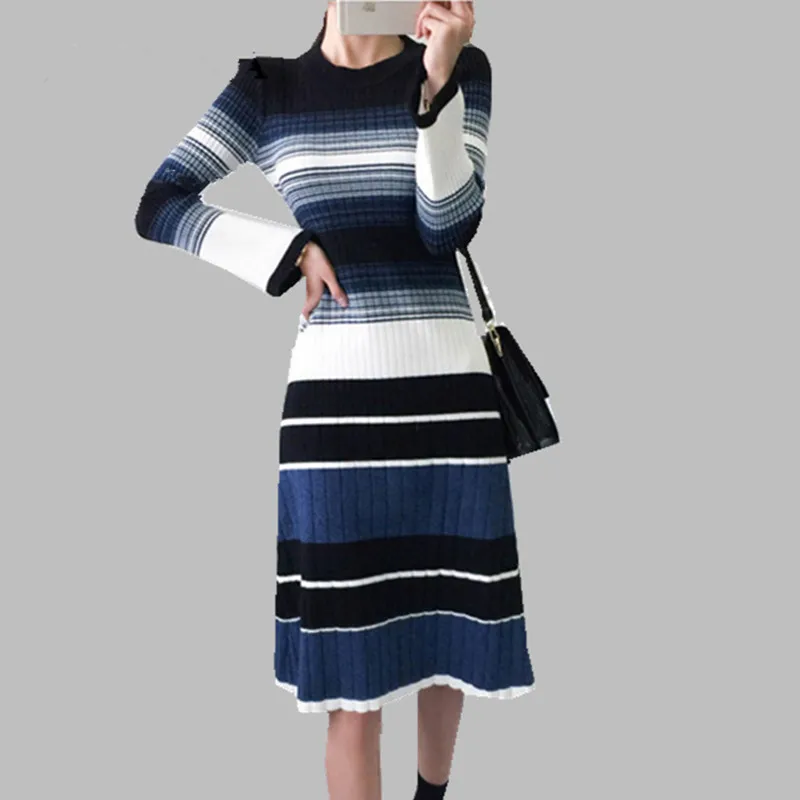 

SMTHMA High Quality 2019 Autumn Winter Sexy Long-Sleeve Striped Pattern Fit and Flare Dress Women Elegant Slim Knit Dress
