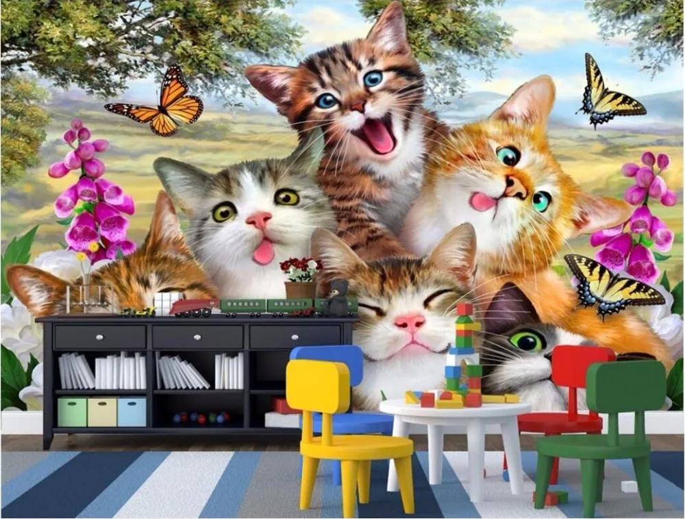Wdbh Niestandardowy Mural Tapety 3d Piękny Kot Na Trawie Dekoracji