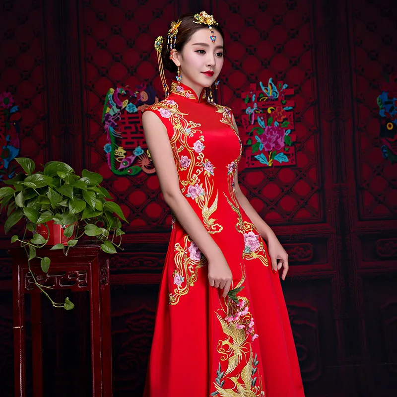 Современный Cheongsam красные топы женщина 2018 невесты в традиционном китайском стиле Qipao свадебное платье Тан костюм для Для женщин феникс