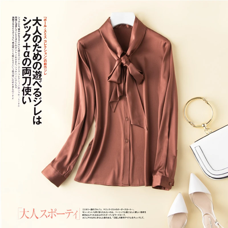 2019 New Heavy Silk Shirt Female Long Sleeve Nature Silk Bottom Shirt With Butterfly Knot And Large Ribbon Shirt Bowknot T Shirts Aliexpress