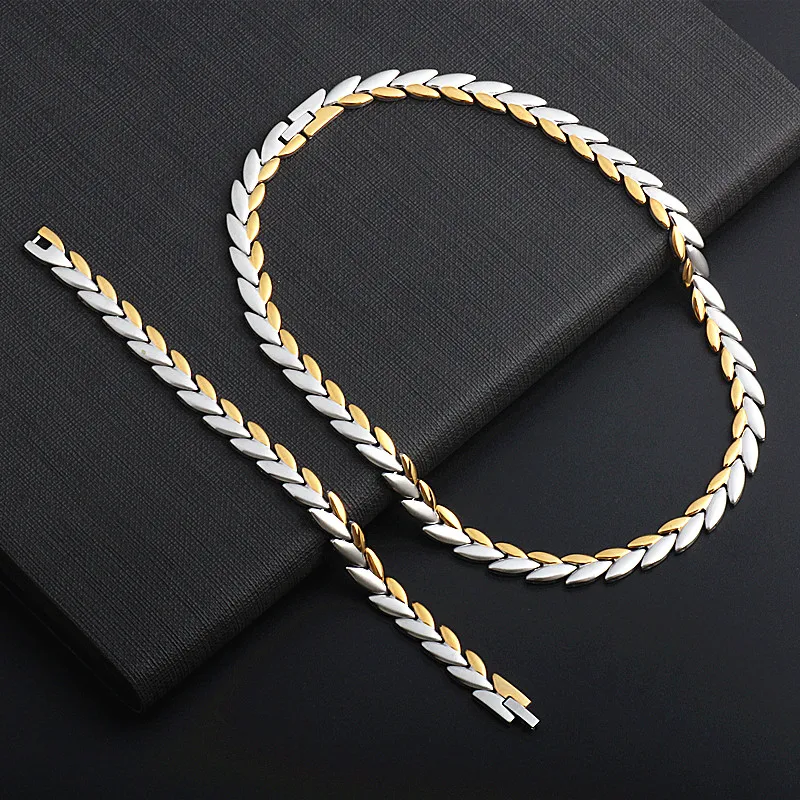 

Fashion Jewelry Stainless Steel Leaves Chain Necklace&Bracelet Set For Woman Necklace Set Dubai Jewelry Sets