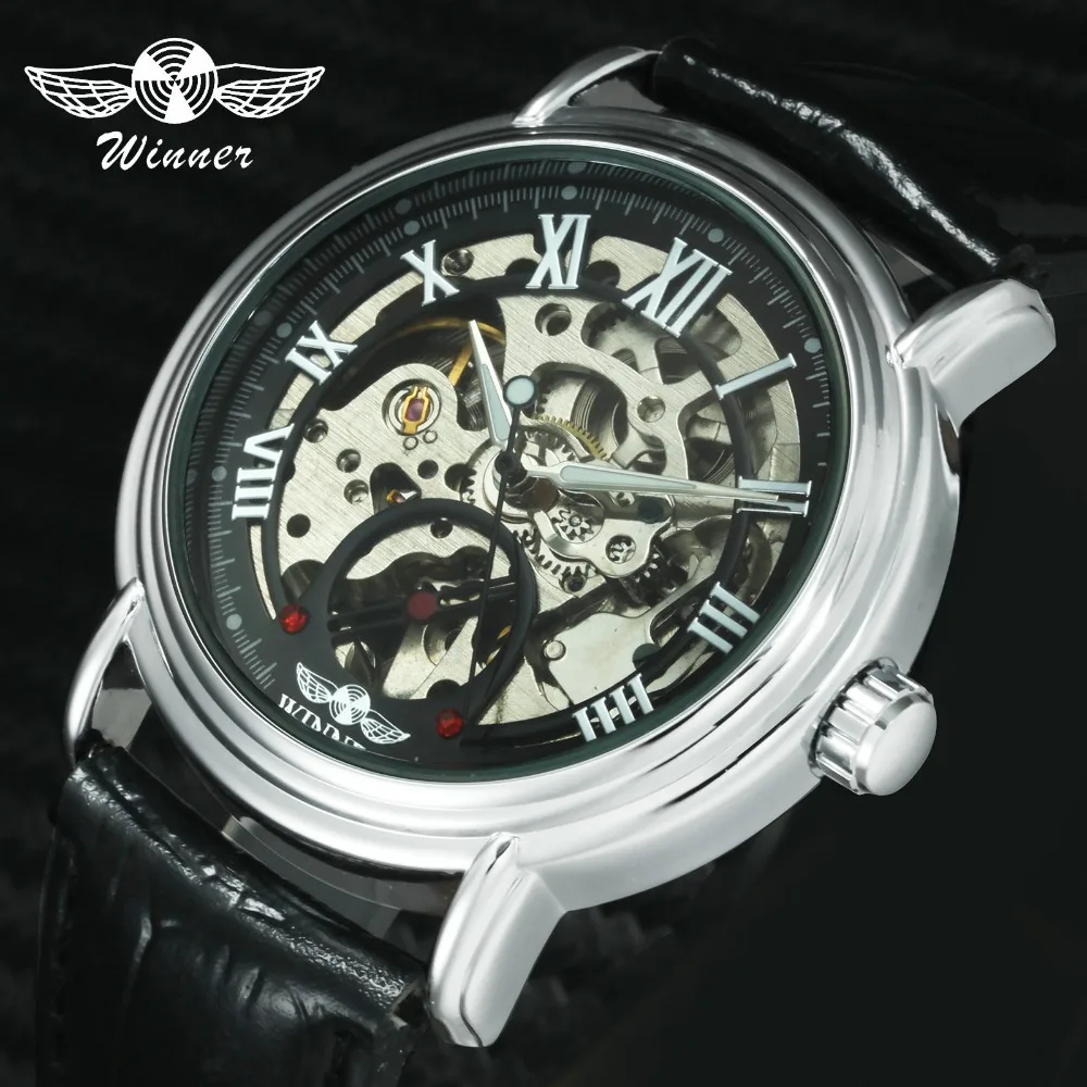 

WINNER Fashion Casual Men Auto Mechanical Watch Skeleton Dial Leather Strap Transparent Case Roman Numerals relogio masculino