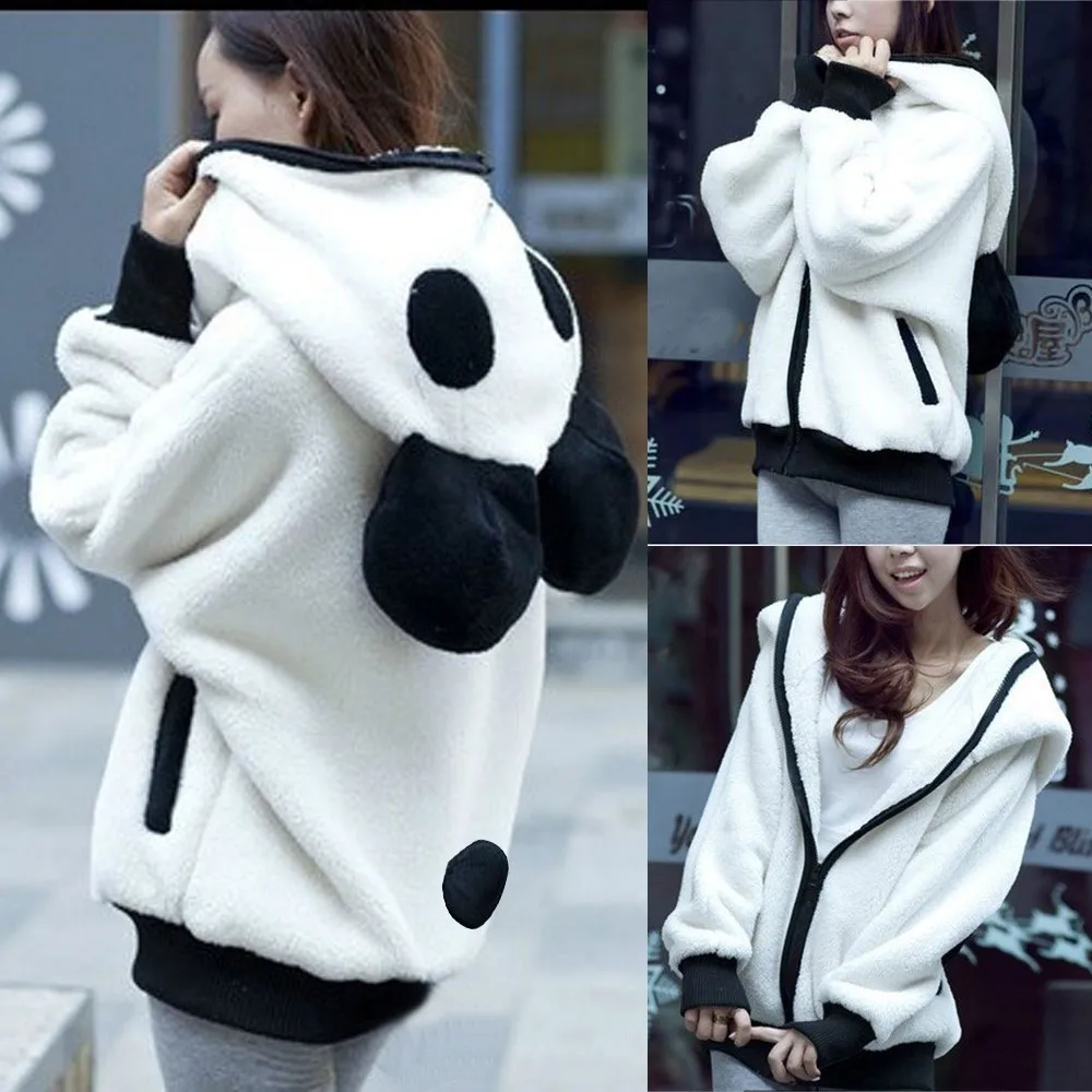 

Women White Panda Hoodies Cute Panda Ear Winter Warm Plush Hoodie Sweatshirt Coat Hooded kawaii Outerwear Casual feminino #10