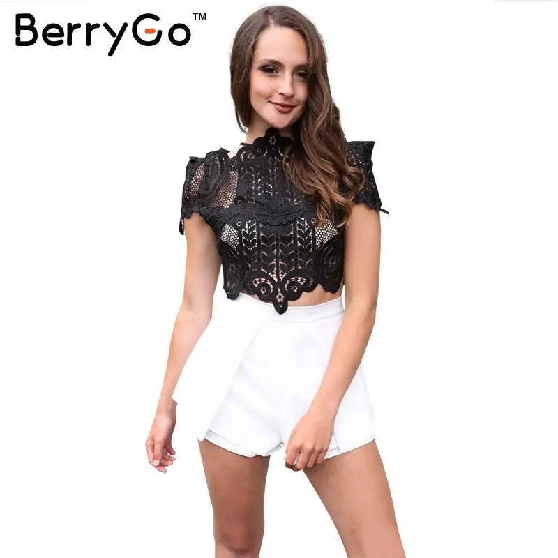 

BerryGo Summer style elegant black lace women tops Causal short sleeve white blouse shirt Sexy beach hollow out girls crop tops