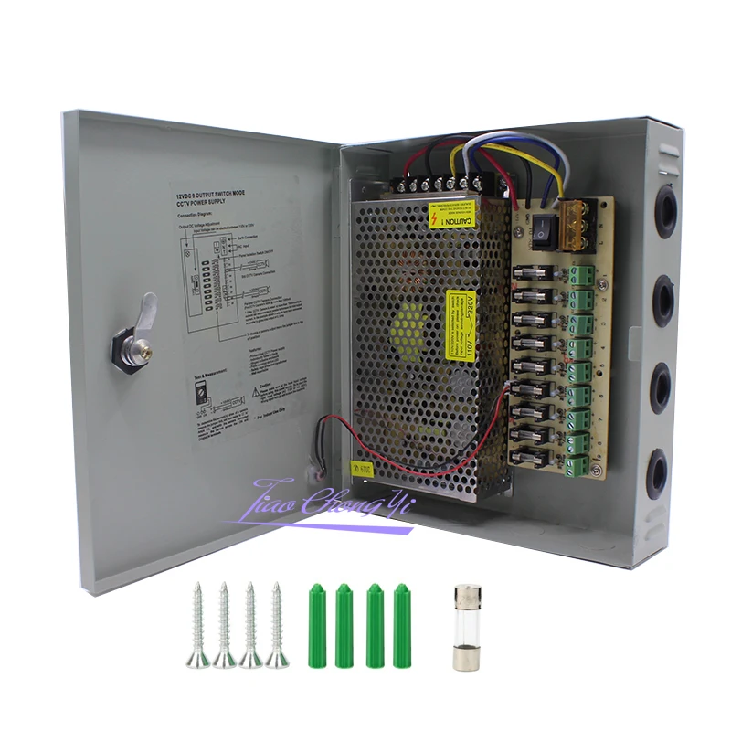 DC12V 10A Fused 9 Channel CCTV power supply switch box for surveillance camera Security output 120W9 port CE LVD Approved