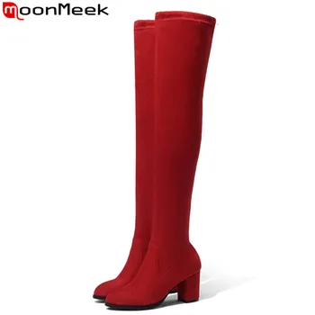 

MoonMeek size 33-43 fashion over the knee boots women flock thigh high boots elegant prom ladies thick high heels boots black