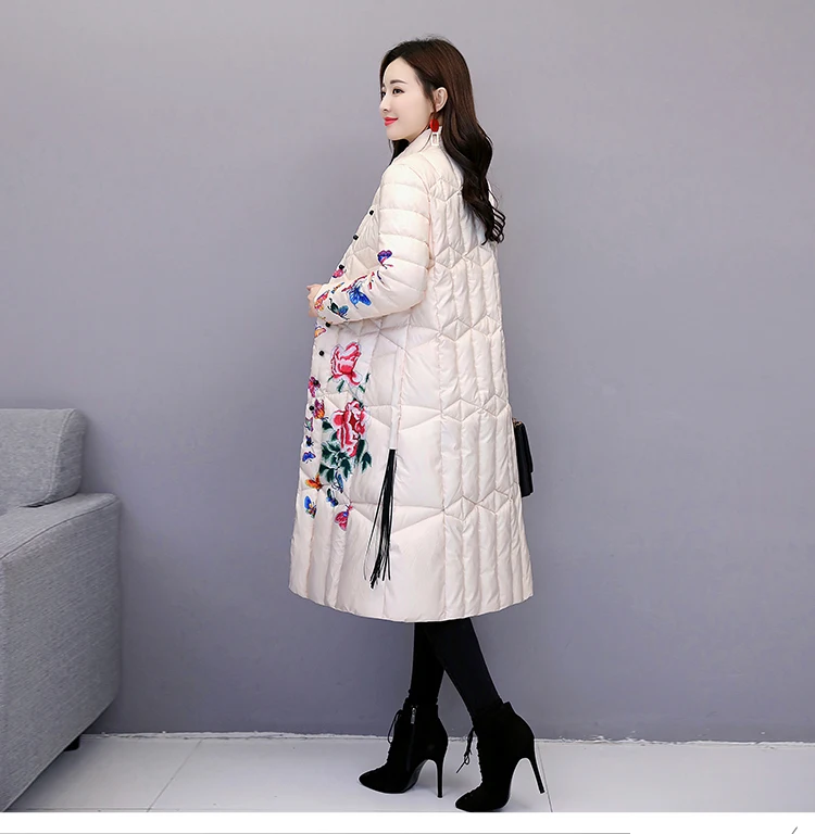 Повседневная Длинная женская куртка размера плюс, 4XL,, китайский национальный стиль, парка, хлопковое зимнее пальто, женское винтажное пальто с принтом, A583