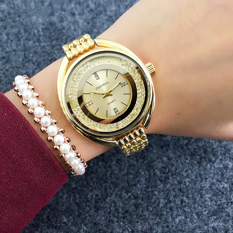 

Fashion Rhinestone Ladies Dress Watch CONTENA Golden Crystal Business Women's Watch Diamonds Ceasuri Quartz Wristwatches Clock