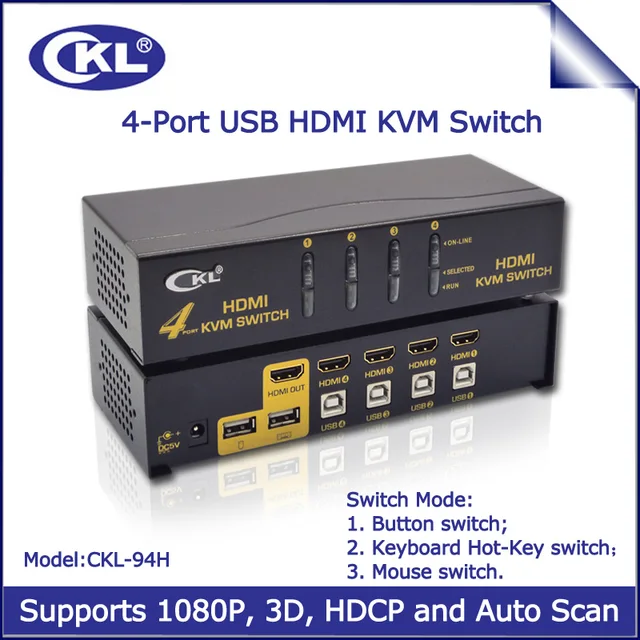 4 Port HDMI KVM Switch with USB & Auto Scan, 4 in 1 out Switcher for PC