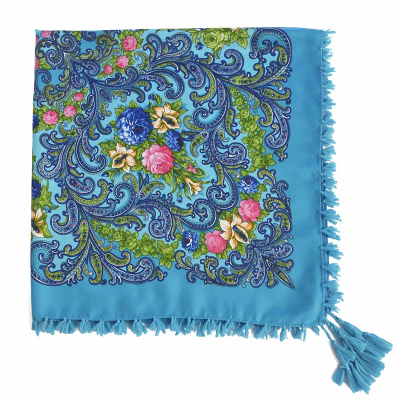 DANKEYISI Лидер продаж богемный шарф для женщин шарфы с кисточками печати обертывания шали дамы 90 см квадратный шарф хлопок Индия Floural повязка на голову - Цвет: blue