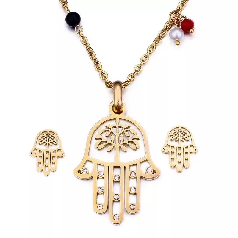 New Stainless Steel CZ Palm Necklace Earrings Set Jewelry Set European and American Accessories Jewelry Tree Christmas Gift New Stainless Steel CZ Palm Necklace Earrings Set Jewelry Set European and American Accessories Jewelry Tree Christmas Gift