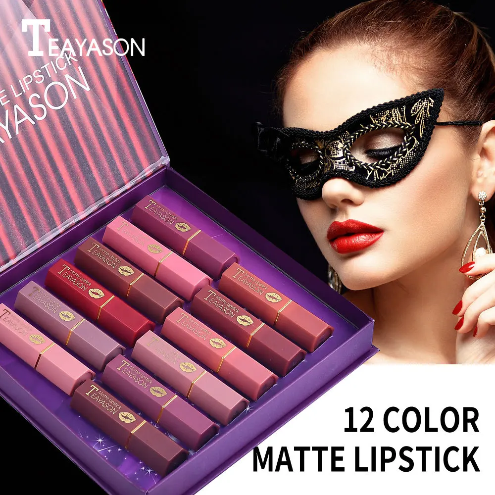 

12 Colors Matte Lipstick Cosmetics Matte and Bean Paste Color Lip Gloss Lasting Lipstick Makeup Heart-shaped Lipstick Gift Box