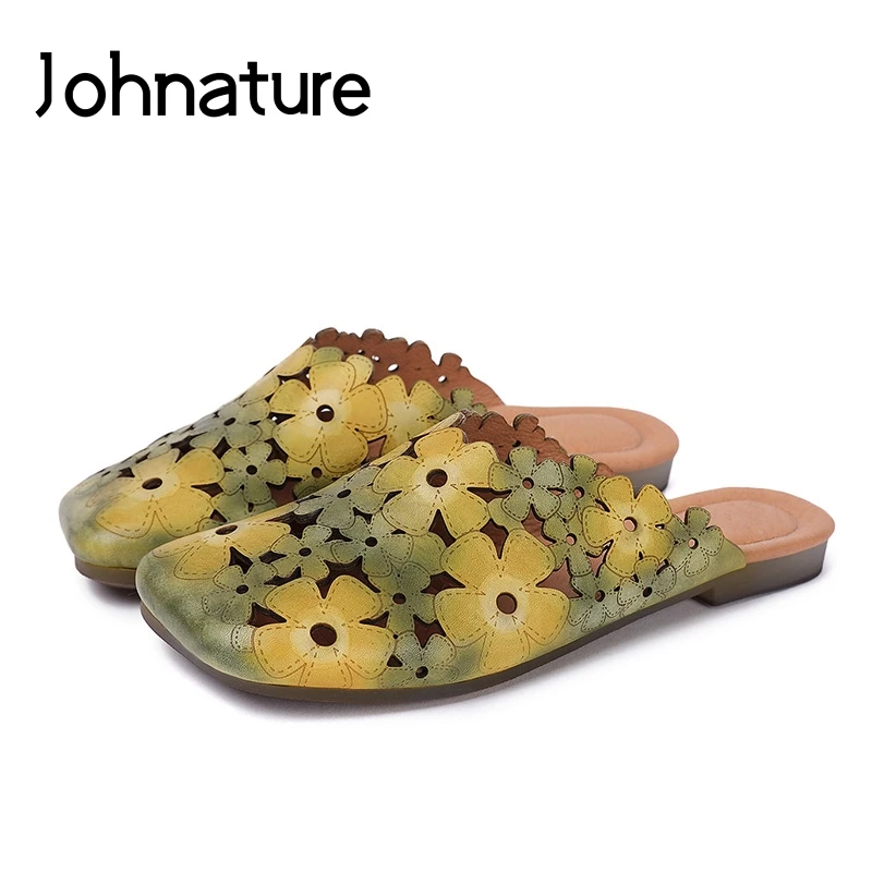 Johnature/Шлепанцы из натуральной кожи с цветочным рисунком Летние шлепанцы на