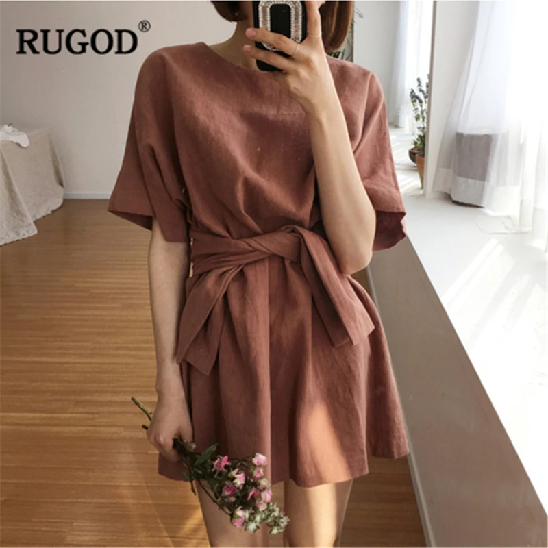 

RUGOD 2019 New Summer Women Solid Lace Mini Dress O-neck Short Sleeves Loose Slim Straight Vestidos Romatic Stylish Plain платье